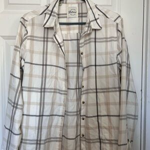 Jachs Girlfriend Beige and Gray Plaid Button Down Flannel Shirt